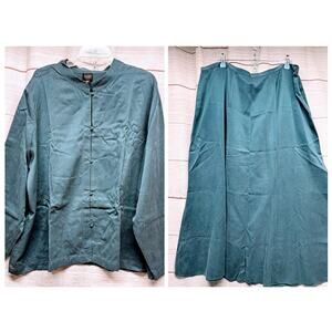 Eileen Fisher Teal Silk Georgette Crepe Blouse 3x & Skirt 2x Set Lagenlook